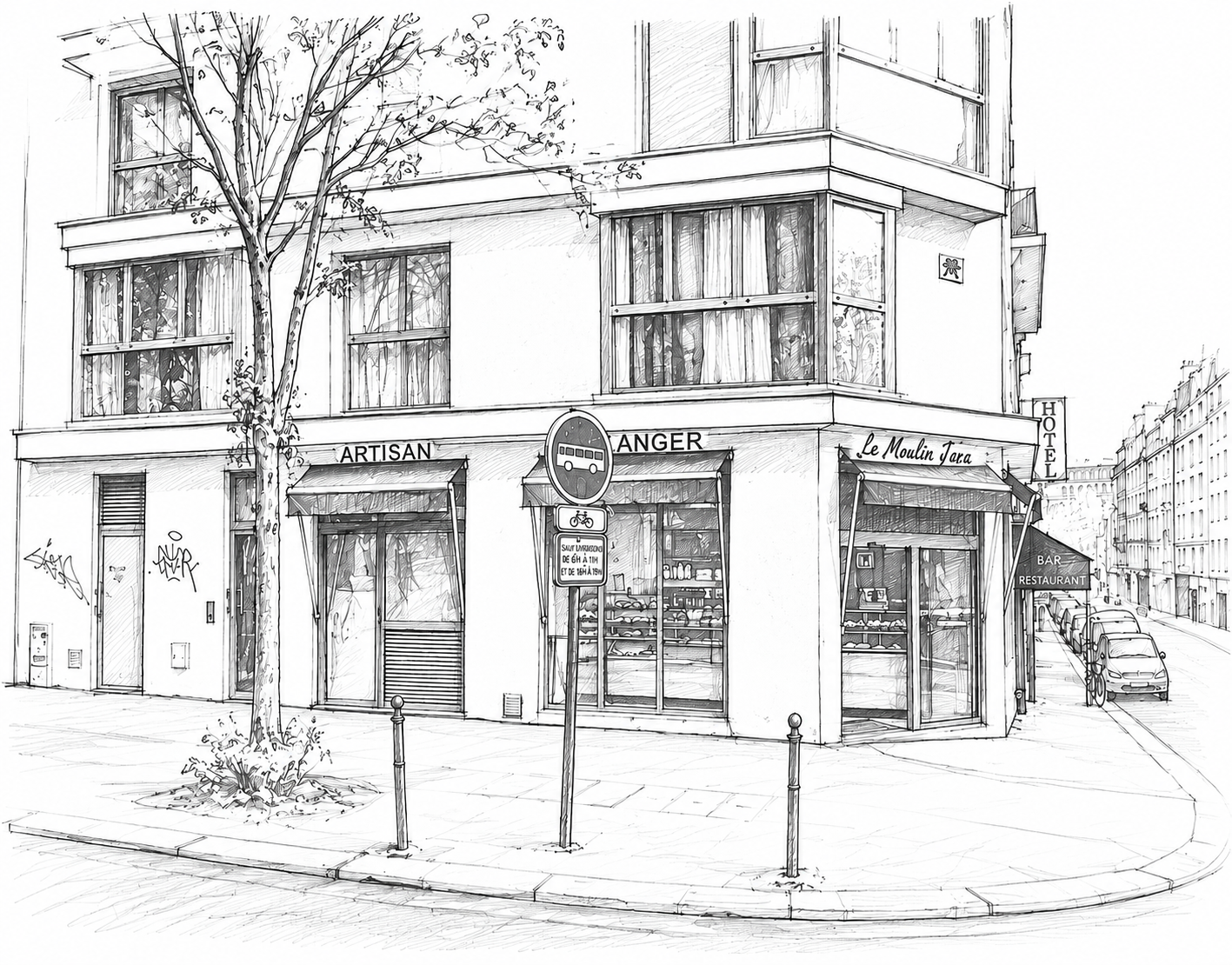 Croquis de la devanture du Moulin Jana